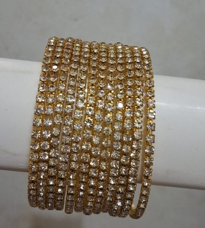 Gold-Plated Crystal Studded Thin Bangle Set (Multi-Line Elegant Design)