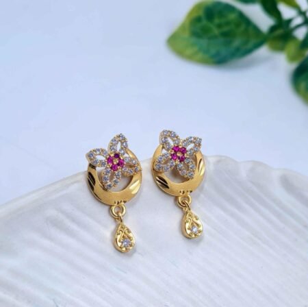 Gold-Plated Floral Crystal Stud Earrings with Drop Charm