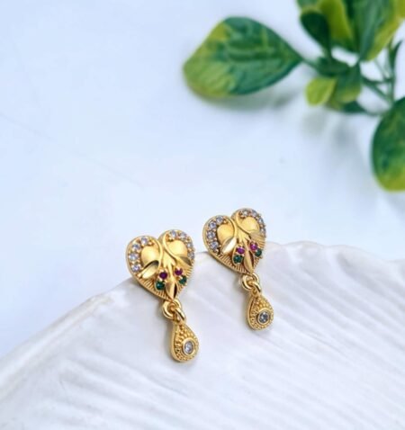 Graceful Gold-Plated Leaf & Stone Drop Earrings