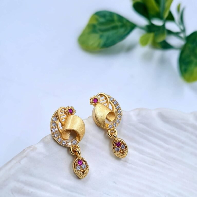 Elegant Gold-Plated Ruby Drop Earrings with Zircon Detailing