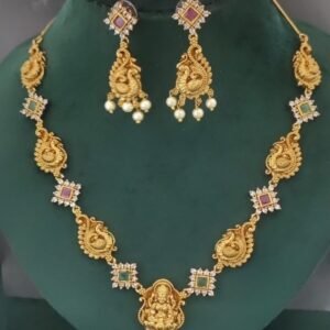 Elegant Temple Design Gold-Plated Necklace Set with Lakshmi Pendant & Pearl Drops