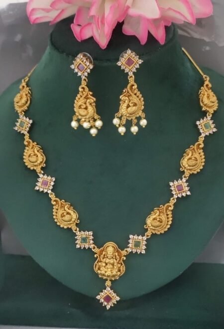 Elegant Temple Design Gold-Plated Necklace Set with Lakshmi Pendant & Pearl Drops