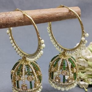 Traditional Gold-Plated Jhumka Hoop Earrings with Green Stones & Pearl Drops
