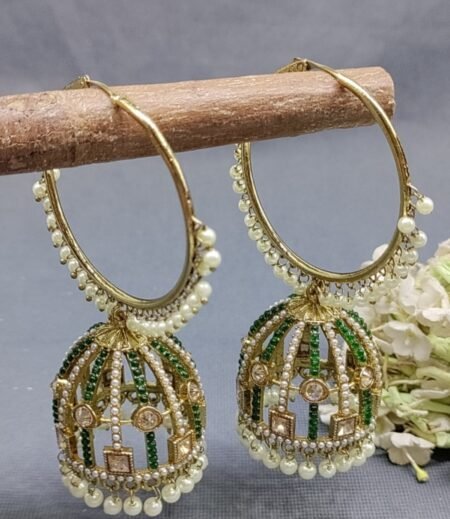 Traditional Gold-Plated Jhumka Hoop Earrings with Green Stones & Pearl Drops