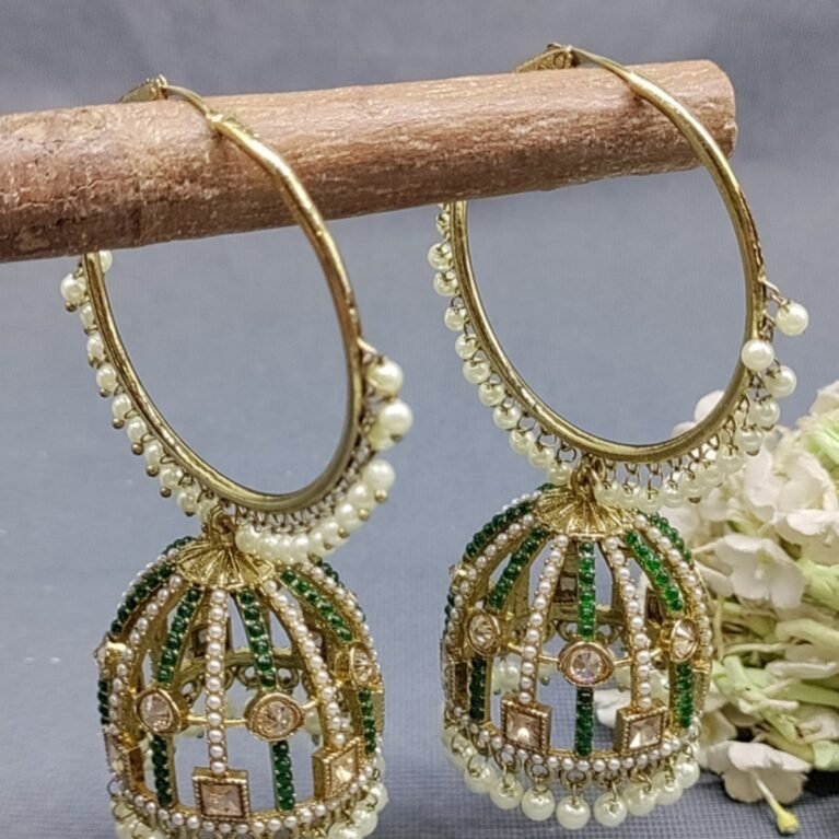 Traditional Gold-Plated Jhumka Hoop Earrings with Green Stones & Pearl Drops