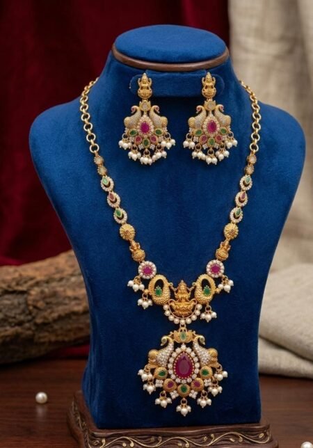 Traditional Temple Design Gold Necklace Set with Pearl Drops