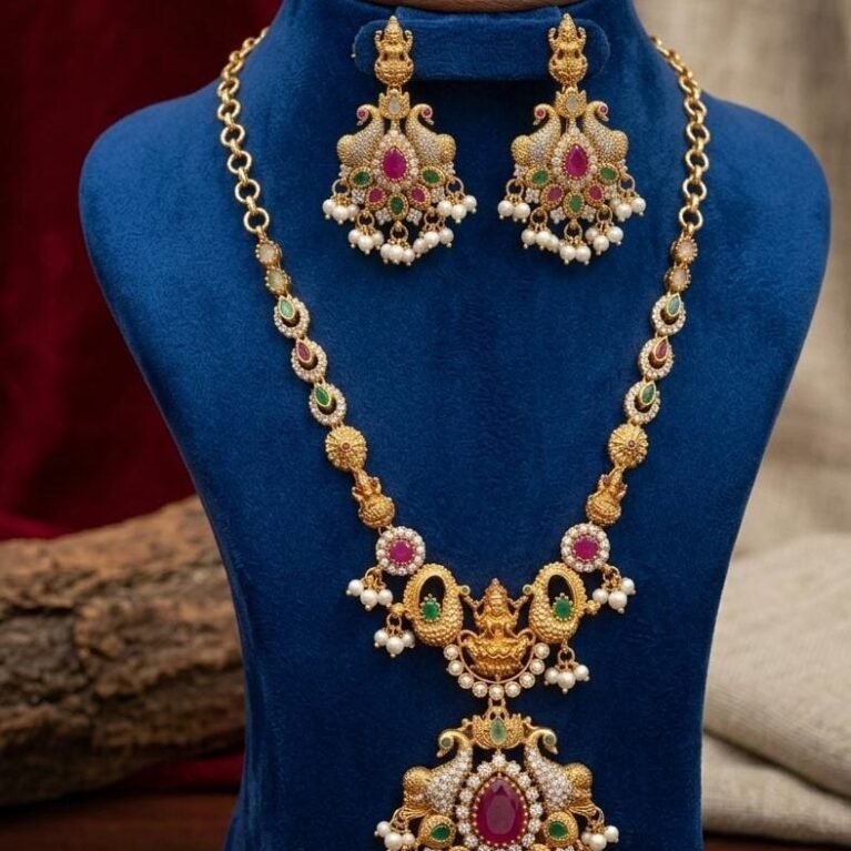 Traditional Temple Design Gold Necklace Set with Pearl Drops