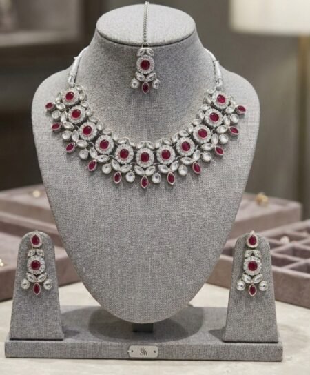 Elegant Ruby & Diamond Bridal Jewellery Set with Maang Tikka