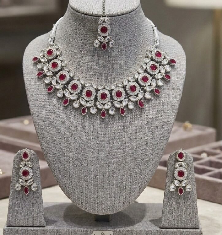 Elegant Ruby & Diamond Bridal Jewellery Set with Maang Tikka