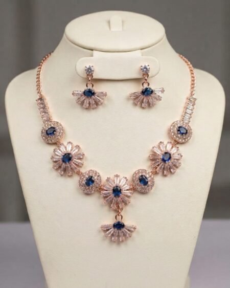 Elegant Rose Gold Blue Stone Floral Necklace Set with Earrings