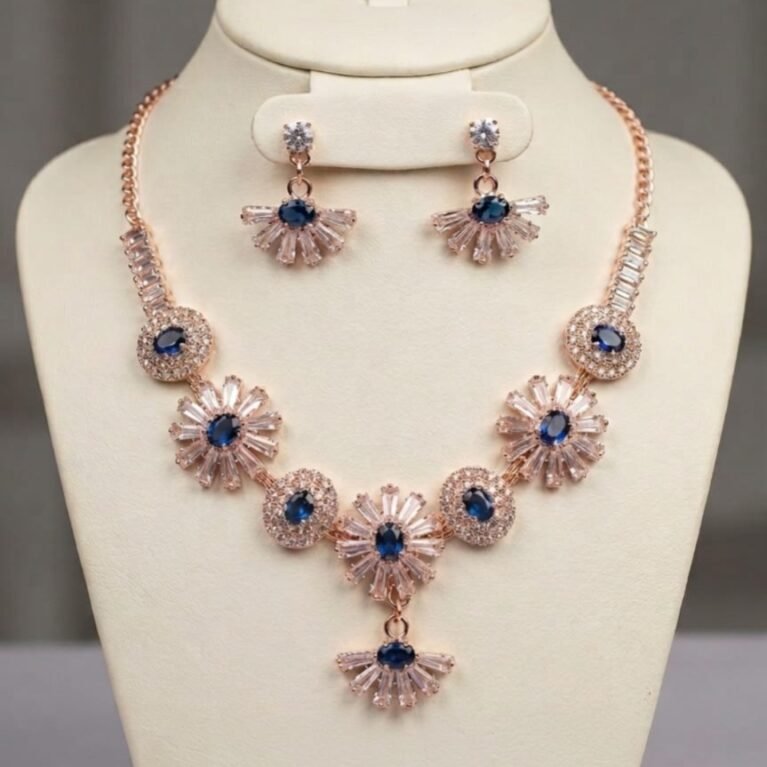 Elegant Rose Gold Blue Stone Floral Necklace Set with Earrings