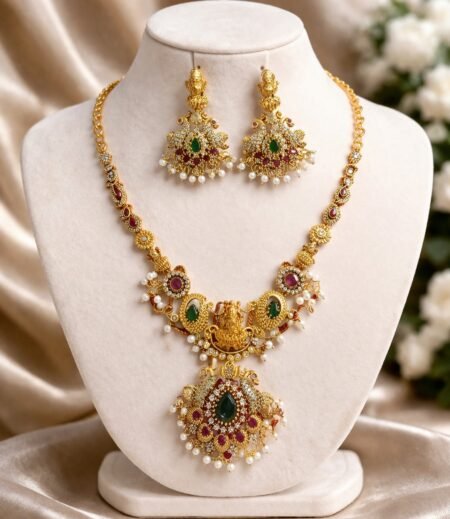 Royal Temple-Inspired Gold Necklace Set with Earrings