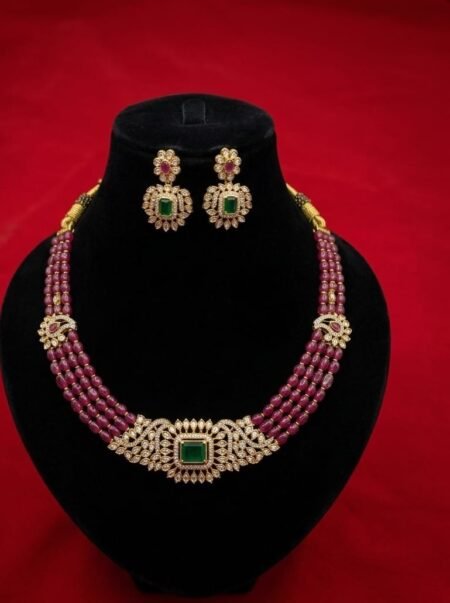 Elegant Ruby Beaded Gold Necklace Set with Emerald Pendant