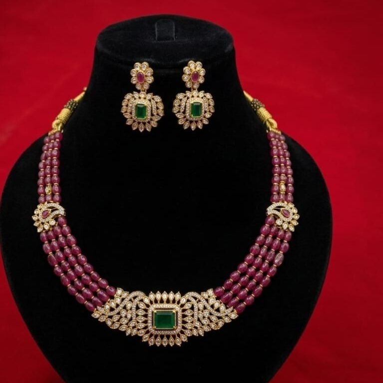 Elegant Ruby Beaded Gold Necklace Set with Emerald Pendant